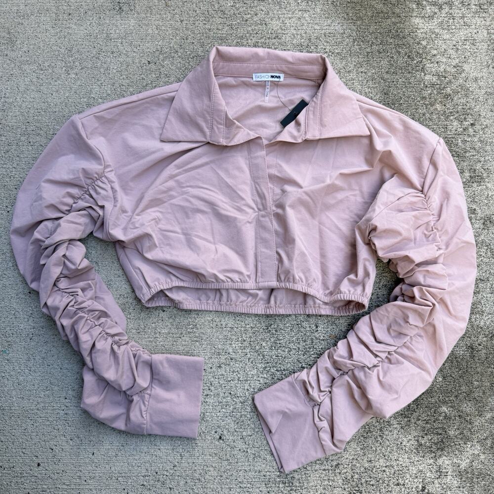 Fashion Nova Crop Top Medium Pink Long Sleeve Ruched Collared In Too Deep